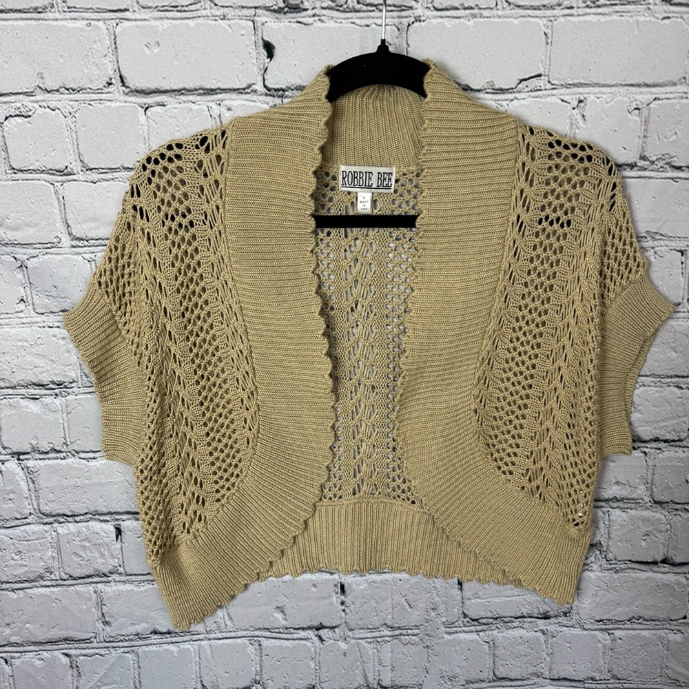 Robbie Bee Vintage 90s Y2K Tan Open-Knit Short Sleeve Crop Shrug Sweater Sz Lrg